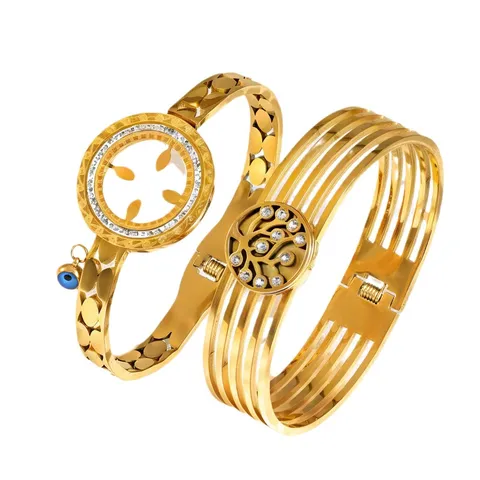 Dames Brede Titanium Staal Open Manchet Armband Verguld Roestvrij Staal Boze Oog Levensboom Armband Mode Sieraden