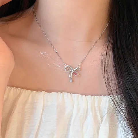 Collar de Plata de Ley S925 Con Lazo Para Mujer Cadena De Clavícula De Doble Capa Estrás Joyería De Verano Regalo