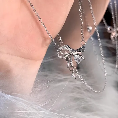 Collar de Plata de Ley S925 Con Lazo Para Mujer Cadena De Clavícula De Doble Capa Estrás Joyería De Verano Regalo