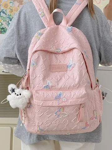 Süß Schmetterling Gestickt Karo Nylon Schulrucksack Große Kapazität Kontrastfarbe College Büchertasche Lässig Reisen Laptop Tagesrucksack Für Teenager Mädchen