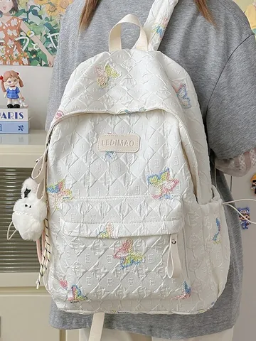 Süß Schmetterling Gestickt Karo Nylon Schulrucksack Große Kapazität Kontrastfarbe College Büchertasche Lässig Reisen Laptop Tagesrucksack Für Teenager Mädchen