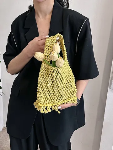 Damen Handgewebt Hohl Ausgeschnitten Strand Handtasche Minimalistisch Sommer Urlaub Stroh Korb Tasche Stilvoll Top Handle Bag