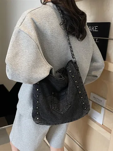 Vintage Denim Tsanta Omon Megalis Horitikotitas Tote Casual Hobo Tsanta Me Alusida Kai Metalika Pritsinia Kathimerini Metakinisi