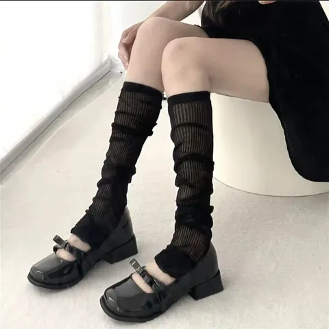 Women's Lolita Ruffle Striped Sun Protection Slouch Socks Leg Warmers Sweet Ballerina Style Breathable Thin Over Knee Long Socks