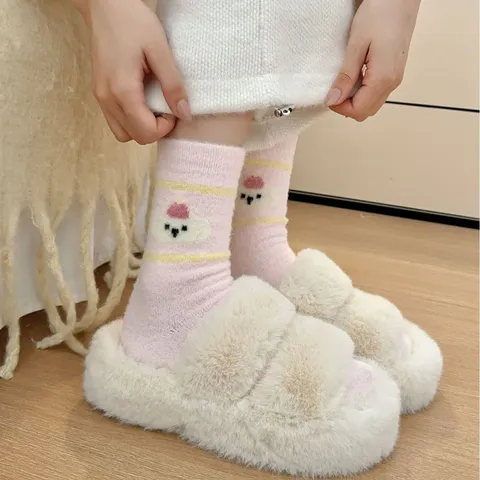Donna Inverno Spesso Caldo Peluche Sonno Calze Velluto Australiano Carino Cartone Animato A Righe Tubo Medio Calze