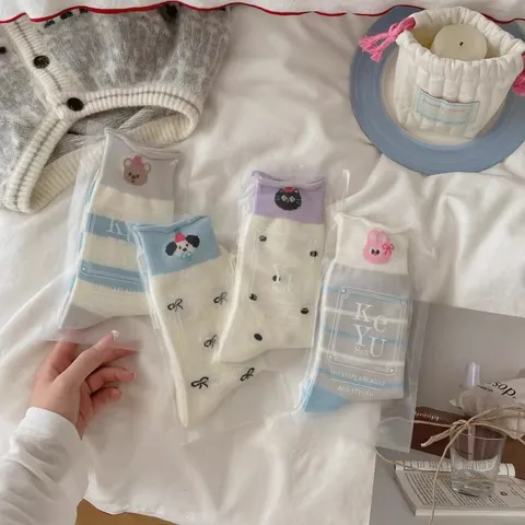 Calzini a Mezza Gamba in Cotone con Animali Carini da Donna Stile Coreano Blocco di Colore Polsino Arrotolato Pois Rigato
