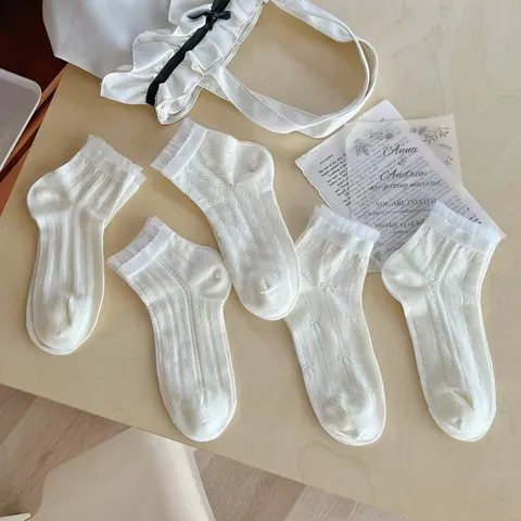 Calcetines de Tripulación de Algodón con Diseño de Lazo Calado Delgado de Verano para Mujer Transpirable Malla Dulce Casual Calcetines Cortos