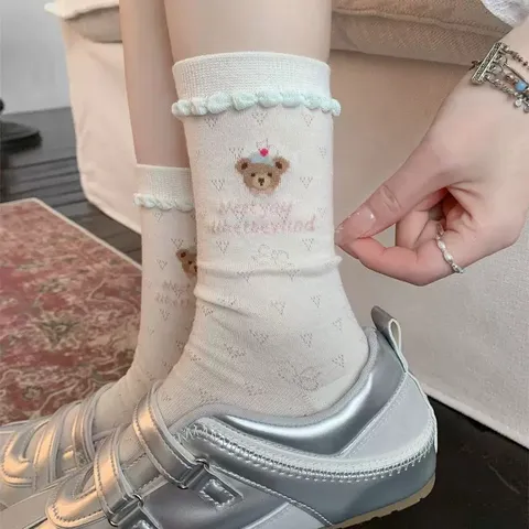 Calzini a Mezza Gamba Casual Carini con Volant di Orso con Lettere di Fiocco Dolce Calzini Lunghi Impilabili Traforati in Cotone Sottile Estivo da Donna
