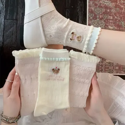 Calzini a Mezza Gamba Casual Carini con Volant di Orso con Lettere di Fiocco Dolce Calzini Lunghi Impilabili Traforati in Cotone Sottile Estivo da Donna