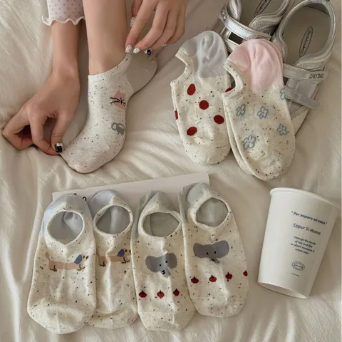 Fantasmini Donna Estate Sottile Puro Cotone Carino Animale Cartone Animato Filato a Punti Invisibile Taglio Basso Casual