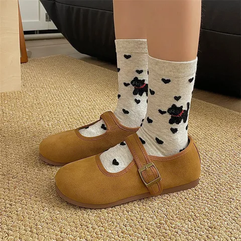 Women Cute Cartoon Cat Pattern Cotton Mid Calf Socks Sweet Casual Hosiery Breathable Comfortable Daily Wear