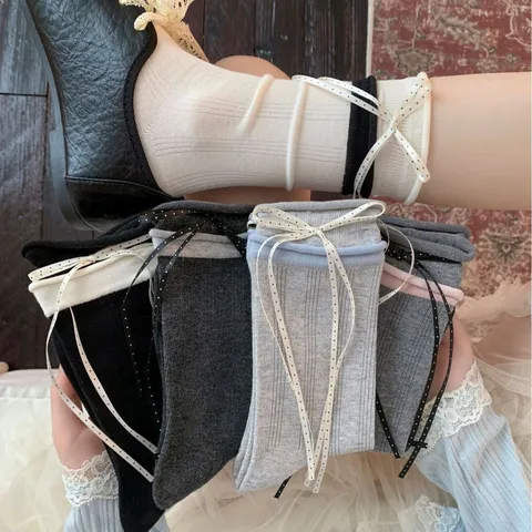 Calze Slouch Carine con Fiocco da Donna Stile Giapponese Dolce Ballet Core Puro Cotone Calze a Metà Polpaccio Calzetteria Quotidiana