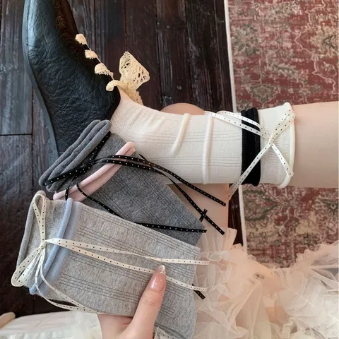 Calze Slouch Carine con Fiocco da Donna Stile Giapponese Dolce Ballet Core Puro Cotone Calze a Metà Polpaccio Calzetteria Quotidiana