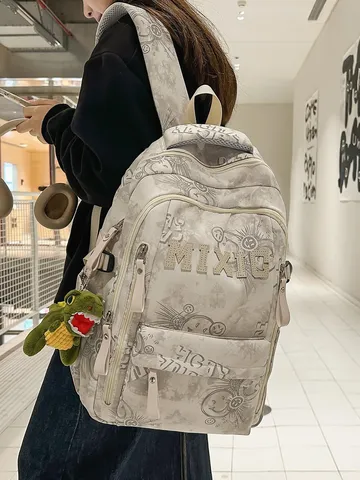 Women Nylon High Capacity School Backpack Trendy Letter Graffiti Print Campus Style Student Backpack With Dinosaur Pendant