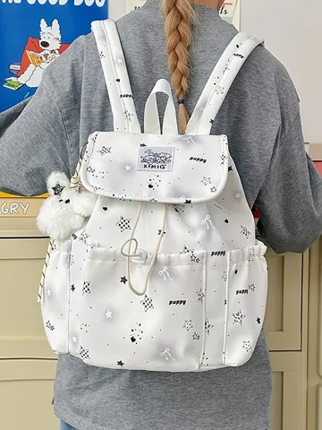 Japanischer Harajuku-Stil Süßer Stern Druck Rucksack Für Damen Große Kapazität Studenten Schultasche Kontrastfarbe Nylon Kordelzug Rucksack Mit Plüsch Anhänger