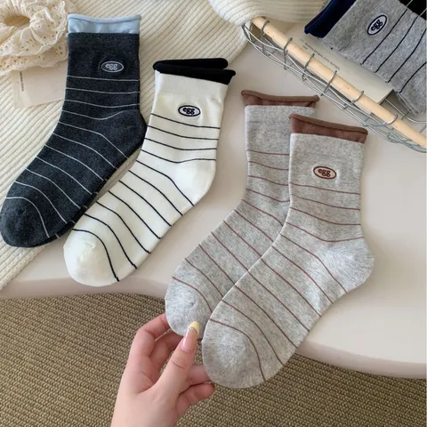 Calzini A Metà Polpaccio Casual In Puro Cotone Da Donna Design Coreano Stile College Calzini A Righe Ricamati