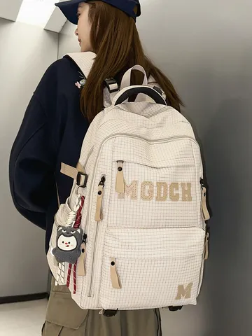 Preppy School Style Letter Print Large Capacity Nylon Backpack Plaid Pattern Schoolbag With Multi Pocket Storage For Teenagers Students