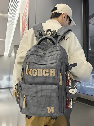 Preppy School Style Letter Print Large Capacity Nylon Backpack Plaid Pattern Schoolbag With Multi Pocket Storage For Teenagers Students