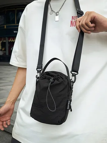 Minimalist Nylon Drawstring Bucket Bag For Women Candy Color Casual Crossbody Shoulder Bag Lightweight Small Handbag