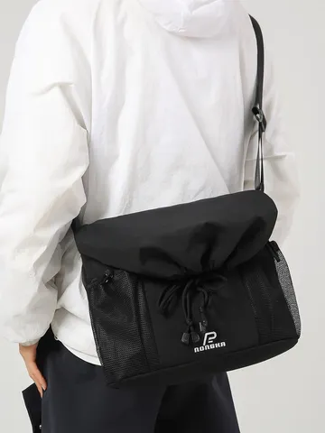 Cool Tooling Style Crossbody Bag For Men Women Large Capacity Nylon Shoulder Bag Casual Commuting Messenger Bag With Drawstring Mesh Pockets