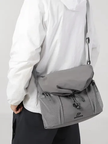 Cool Tooling Style Crossbody Bag For Men Women Large Capacity Nylon Shoulder Bag Casual Commuting Messenger Bag With Drawstring Mesh Pockets