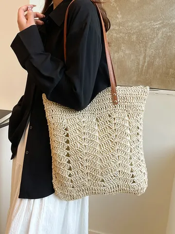 Borsa Tote da Donna Intrecciata in Paglia Retrò Grande Capacità Borsa a Spalla Quotidiano Casual Vacanza al Mare Fodera in Poliestere