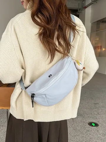 Japanese Harajuku Style Candy Color Nylon Chest Bag For Women Versatile Shoulder Crossbody Bag Casual Sports Waist Pack With Plush Pendant