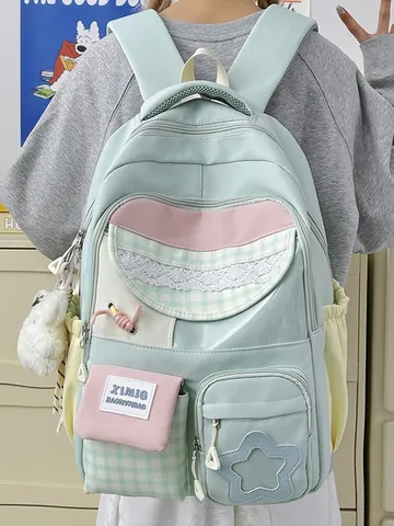 Japanese Style Sweet Multi Pocket Plaid Color Block Nylon School Backpack For Junior High Students Large Capacity Wear Resistant Daily Back Pack
