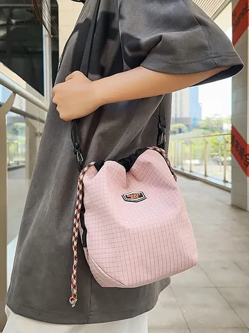 Unisex Nylon Grid Drawstring Bucket Bag Candy Color Lightweight Crossbody Bag Casual Hiking Travel Shoulder Bag