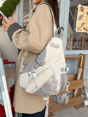 Japanese Style Color Block Nylon Backpack Multifunctional Large Capacity Shoulder Crossbody Ita Bag With Clear Pocket For School Women