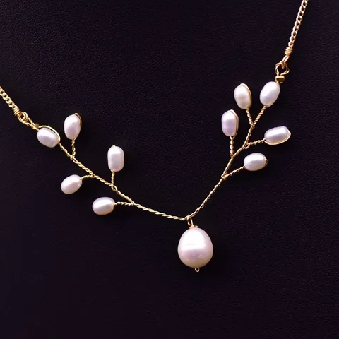 Vintage Vergoldetes Kupfer Süßwasserperle Anhänger Halskette Für Damen Elegant Handgemacht Ast Herz Münze Mehrreihige Kette Schmuck