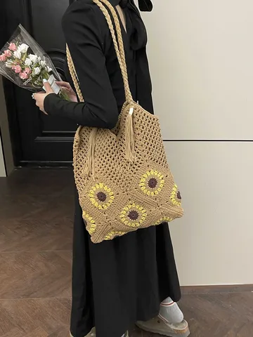 Sac Fourre-tout en Crochet Tournesol pour Femmes en Coton Tricoté à la Main Sac à Bandoulière Ajouré Vacances à la Plage Glands Sac de Shopping Bohème
