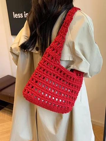 Borsa Tote da Donna Delicata in Cotone Intrecciato Traforato Grande Capacità Tinta Unita Intrecciata a Mano Borsa Sottoascellare per Vacanza Quotidiano