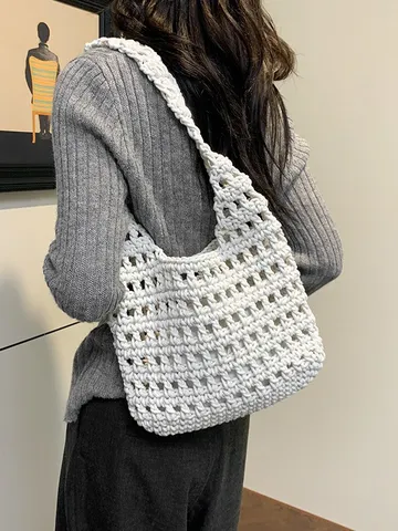 Borsa Tote da Donna Delicata in Cotone Intrecciato Traforato Grande Capacità Tinta Unita Intrecciata a Mano Borsa Sottoascellare per Vacanza Quotidiano