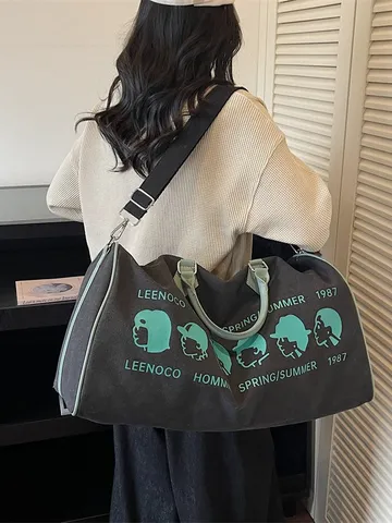 Heren Grote Capaciteit Canvas Reistas Casual Gym Duffel Bag Bedrukte Weekend Handtas Met Schouderriem