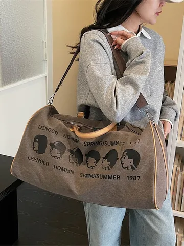 Heren Grote Capaciteit Canvas Reistas Casual Gym Duffel Bag Bedrukte Weekend Handtas Met Schouderriem