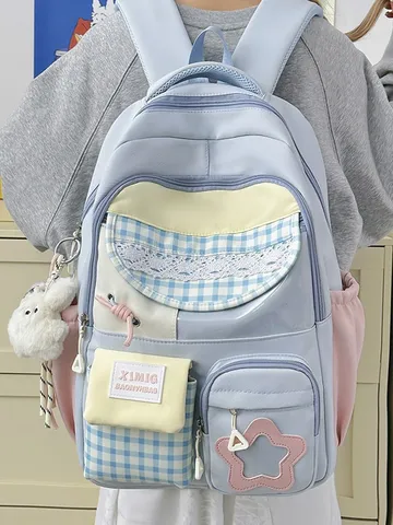 Japanese Style Sweet Multi Pocket Plaid Color Block Nylon School Backpack For Junior High Students Large Capacity Wear Resistant Daily Back Pack