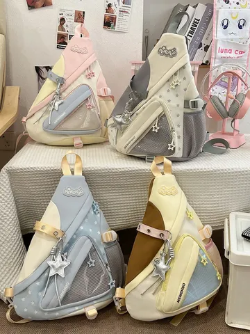 Harajuku Preppy Farbblock Polyester Baumwolle Crossbody Messenger Brusttasche Gestickt Star Soft Sister Netztasche Umhängetasche Anhänger Rucksack Für Schule Jugendliche Damen
