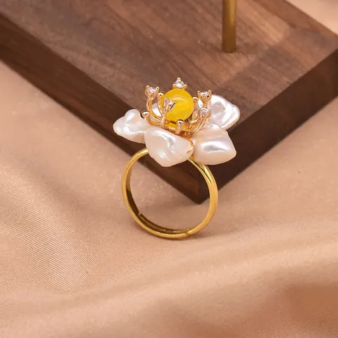 Anello Regolabile a Fiore in Argento Sterling 925 con Perla d'Acqua Dolce Vintage per Donna Elegante Anello con Perla Barocca e Strass
