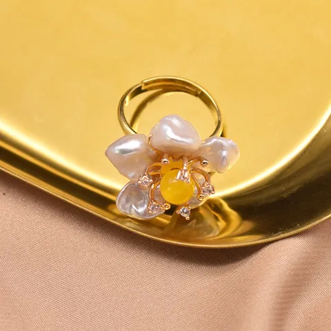 Anello Regolabile a Fiore in Argento Sterling 925 con Perla d'Acqua Dolce Vintage per Donna Elegante Anello con Perla Barocca e Strass