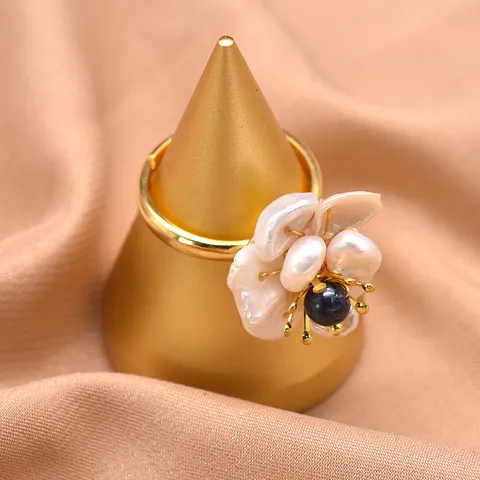 Anello in Argento Sterling 925 con Perla d'Acqua Dolce per Donna Anello Aperto Regolabile in Stile Etnico a Fiore Barocco
