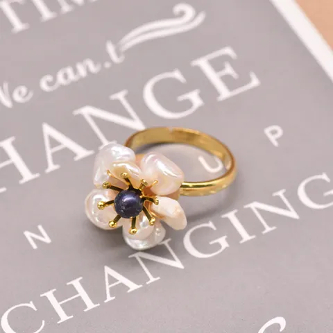 Anello in Argento Sterling 925 con Perla d'Acqua Dolce per Donna Anello Aperto Regolabile in Stile Etnico a Fiore Barocco