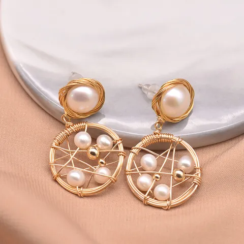 Pendientes Colgantes Círculo Geométrico Chapados en Oro Elegantes Pendientes de Perla de Agua Dulce Real Con Poste de Plata 925 Flor Vintage Hilo Tejido a Mano Joyería Mujer