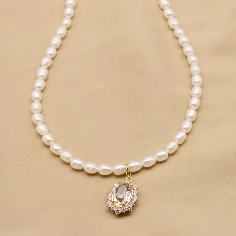 Natürliche Süßwasserperle Halskette Für Damen Elegantes Zirkonia Herz Schmetterling Anhänger Legierung Vintage Schmuck