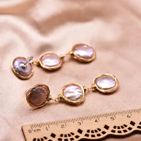 Boucles d'Oreilles Pendantes Baroque Perle Artificielle en Fil de Cuivre Enroulé pour Femme Bijoux Géométriques Faits Main