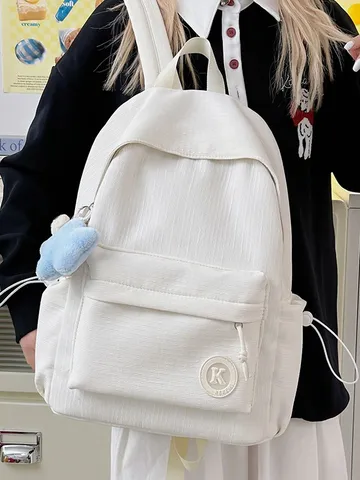 Minimalist Solid Color Nylon Backpack For School Teens Large Capacity Breathable Wear Resistant Travel Shoulder Bag Student Bookbag Everyday Outdoor Laptop Rucksack