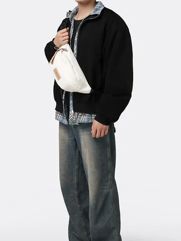 Unisex Τσάντα Στήθους από Καμβά Streetwear Casual Αθλητικό Τσαντάκι Μέσης με Μπάλωμα Γραμμάτων και Ραφές Χιαστί Τσάντα Ώμου για Καθημερινή Χρήση