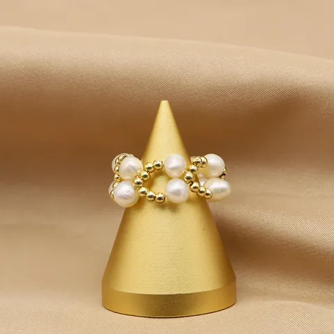 Anello Tessuto a Mano con Perle d'Acqua Dolce in Rame Placcato Oro Vintage Geometrico Perlinato per Donna Gioielli Regalo