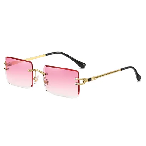 Vintage Randlose Eckige Sonnenbrille Für Damen Metall Kordelmuster Bügel Farbverlauf Kristallschliff Linsen Modische Brille