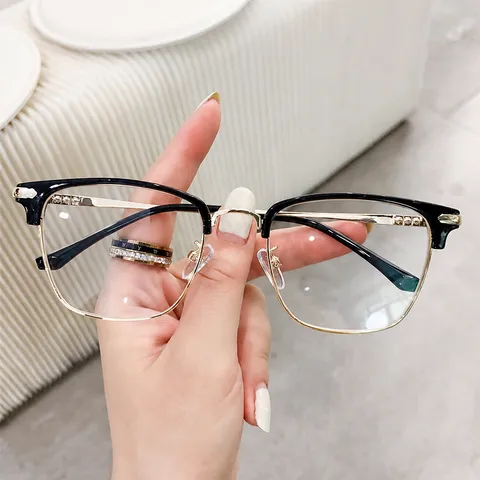Retro Square Semi-Metal Anti-Blue Light Glasses Frame For Men Women INS Style Black Gold Optical Eyeglasses Frame Clear Lens Fashion Accessories